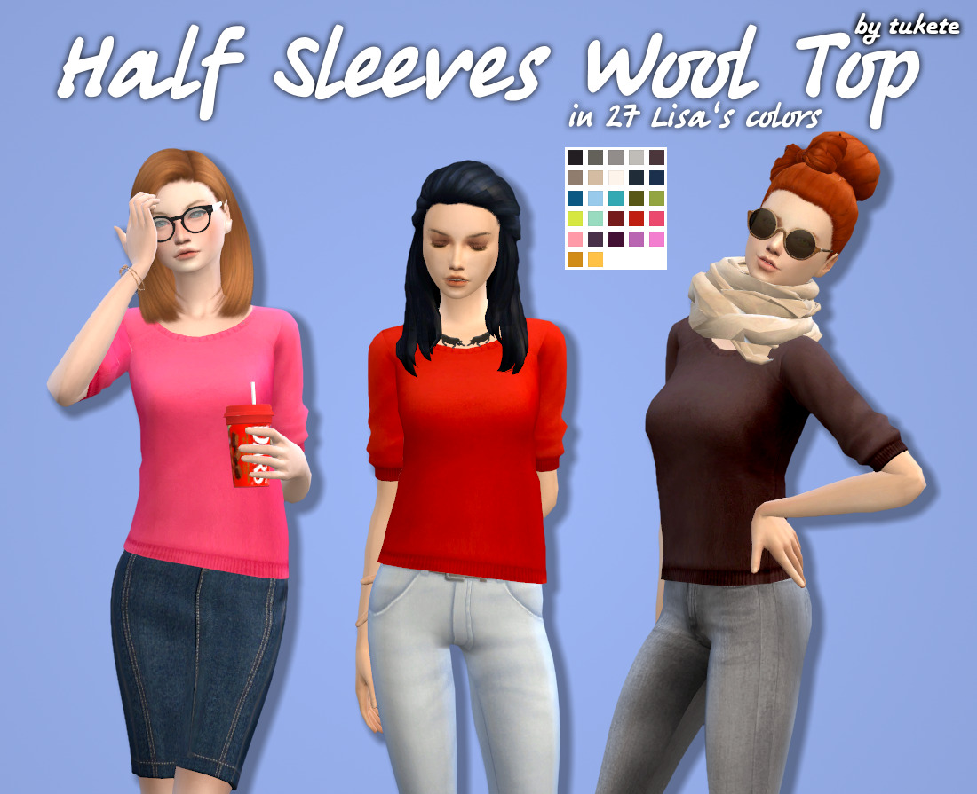Half Sleeves Wool Top RecolorsCustom icon thumbnailStandalone27 Lisa’s colors by @simsrocutedMesh by @mysimlifefouMesh is not included! Please download it HERE.Choose the download link:Mediafire | Dropbox | SimFileSharePose used on preview by @kiruluvnst [x] &amp; @flowerchamber [x] [x]CC list under the cut:[[MORE]]Look 1: | hair - @darkosims3 | glasses - @kedluu | bracelet - NataliS | drink - @dominationkid | skirt - Rusty |Look 2: | hair - @litttlecakes  | necklace - @salem2342 | jeans - @annabellee25 |Look 3: | hair - @holosprite | glasses - @starlord-sims | scarf - me | jeans - @cleotopia |