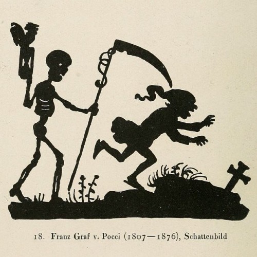 smithsonianlibraries:

There are so many great seasonally spooky images in Die Totentänze (1922), including this silhouette of Death chasing a man by Franz Graf von Pocci, founding Director of the Munich Marionette Theatre, shadow puppeteer and author of countless puppet plays and children’s stories.


