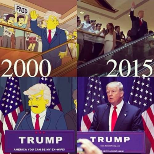 edwardspoonhands:

brokebut-wealthy:

jonjames3:

donttouchmykeef:

best-of-memes:



It looks like the creators of The Simpsons can see the future

I want what they’re smoking fr

Same clothes, down to the lapel pin

It’s funny that a person is holding a  paid sign in the Simpsons one because it was later found out that the ppl in the crowd  were in fact paid actors.


OK, but…the graphic design. The graphic design of Trump’s podium is so similar that either:1. One of the two is faked2. Trump’s actual designers actually used that episode for reference.