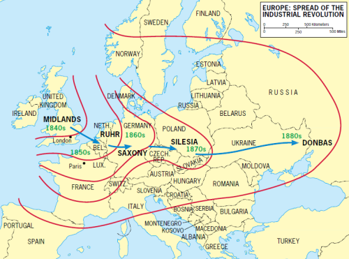 Spread of the industrial revolution in Europe.
