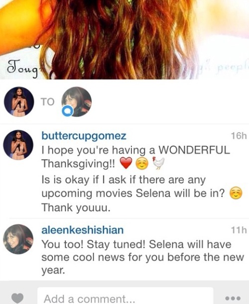 November 28: Selena’s manager answers a fan and says Selena will be sharing some news soon.