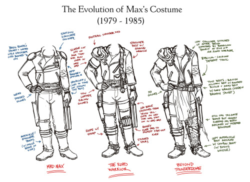 I’ve written before about how much the evolution (or de-evolution) of Max’s costume is my favorite part of the original Mad Max trilogy, but seeing Fury Road this weekend had me wanting to more thoroughly document all the basic changes I’ve noticed to Max’s gear throughout the first three films, especially since the costume (and Max’s poor V8 Interceptor) is the only really consistent thread of continuity between any of the movies.My buddy Mike Russell pointed out that with every Mad Max sequel being a story retold by someone else as a kind of “history of future past”, continuity between each these films isn’t important, but it *is* nice to see how much attention to detail George Miller’s costumers have paid to Max’s gear during his journey from MFP Headquarters, to Broken Hill, to Thunderdome and beyond&hellip;.