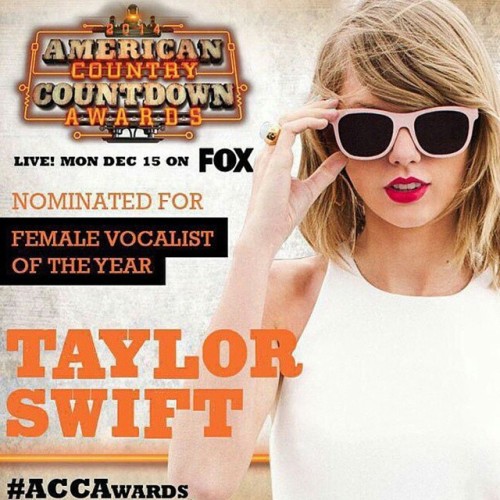 Tune in tonight to see if Taylor wins Top Female Vocalist at the first ever #ACCAwards! http://ift.tt/1zY1Ofj