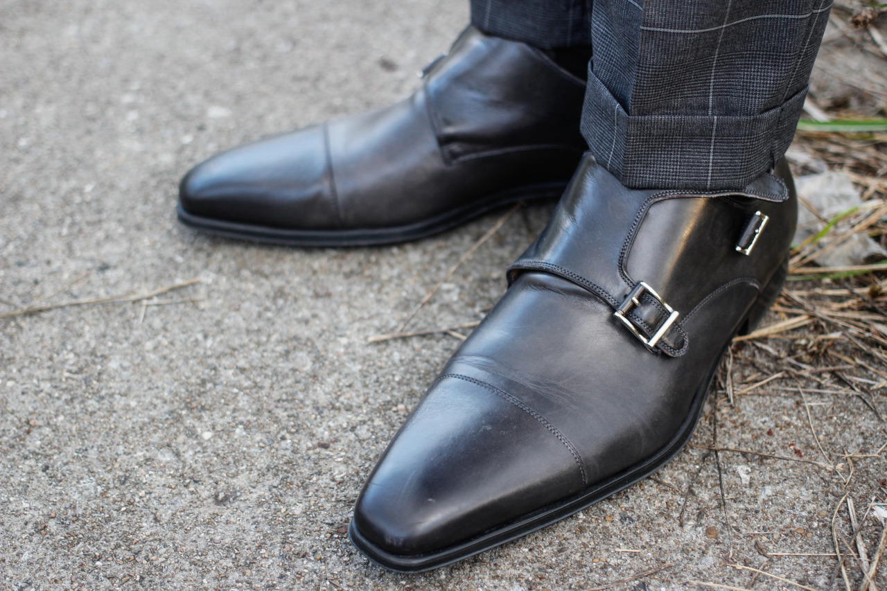 Grey Leather Double Monks by Magnanni