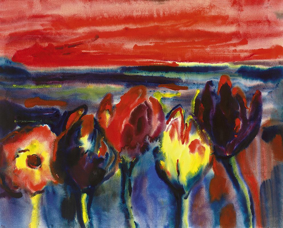 thunderstruck9: Alfred Kohler (German, 1916-1984), Tulpen vor abendlicher Landschaft [Tulips against an evening landscape], 1959. Watercolour, 48 x 59.5 cm.