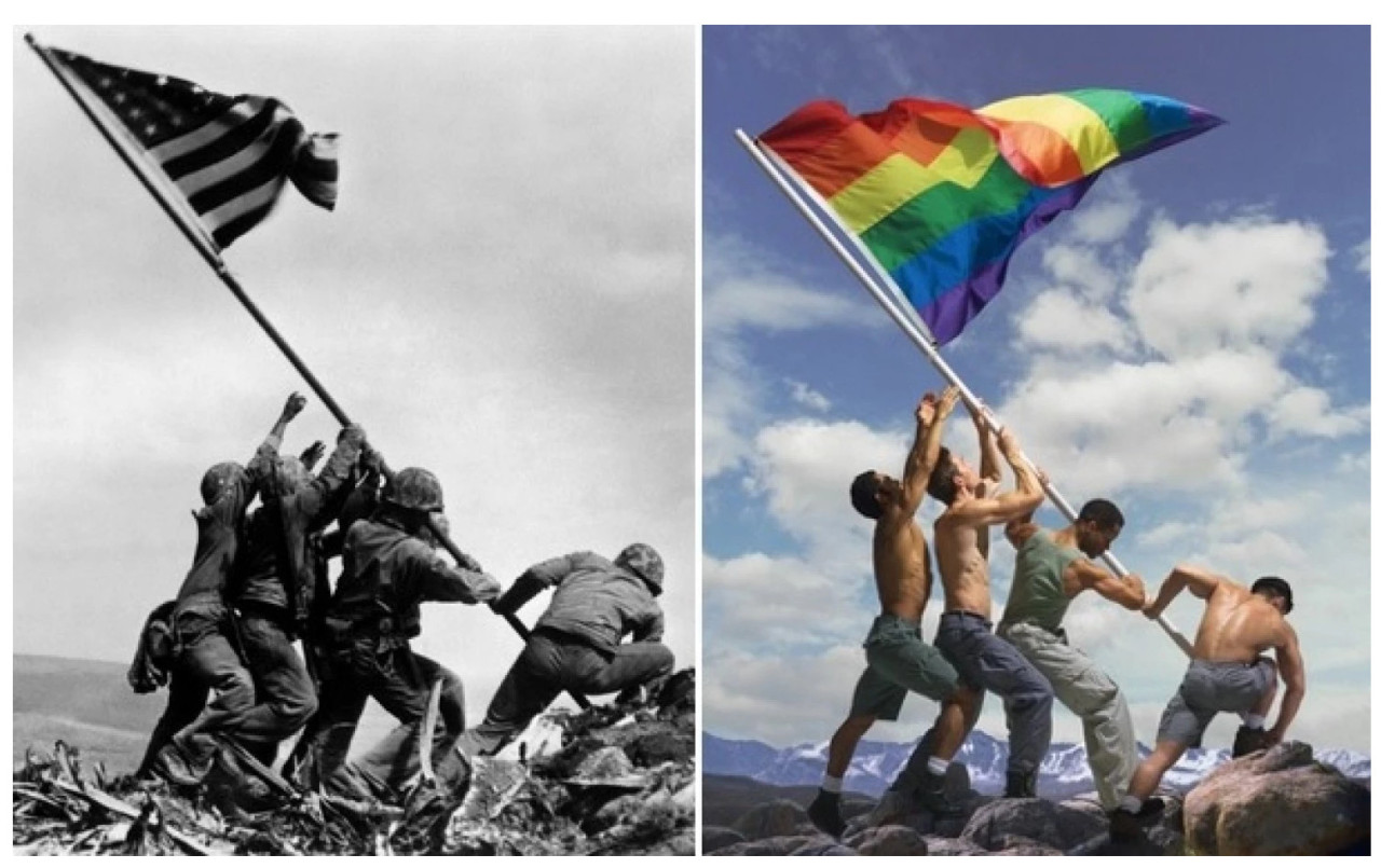 Which doesn’t belong and why?If the reason this is even MORE infuriating than the rainbow White House’s CYNICAL lighting is not immediately apparent, then it cannot be explained.I don’t know if or how many gay marines gave their lives on Mt Suribachi, but the work of ‘professional homosexuals‘ whose in your face obnoxiousness is counterproductive to their every moment alive, need to hear something from me.The equivalent.I fuck women.How does that sound, morons?