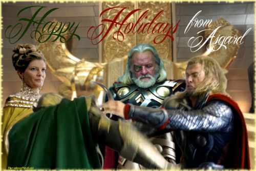 marvelousmindloki:

Frigga just wanted a nice family picture for their holiday card, but Loki made one helmet joke too many and Thor’s done.

