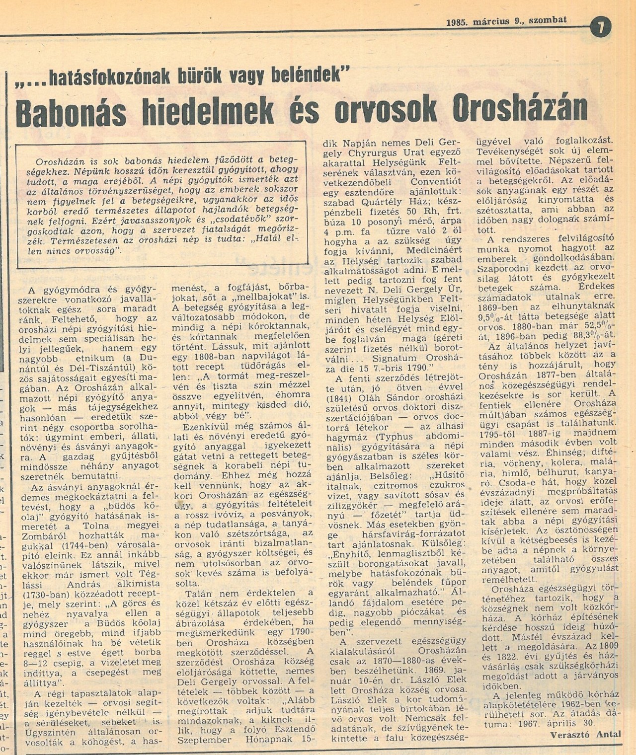 Orosháza egészségügyi történetéről.Békés Megyei Népújság, 1985. március 9.