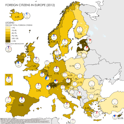 Population of foreign citizens in Europe in 2012 Bezbojnicul:Source: Eurostat - PDFpage.3 & jpg

via this /r/europe thread

Take note:


Citizenship means the particular legal bond between an individual and his or her State, acquired by birth or naturalisation, 
whether by declaration, choice, marriage or other means under national legislation.

Foreign citizens refer to persons who are not citizens of the country in which they reside. They also include stateless 
persons.

In the case of Latvia and Estonia, the proportion of non-EU foreign citizens is particularly large due to the high number of 
‘recognised non-citizens’, mainly former Soviet Union citizens, who are permanently resident in these countries but have not 
acquired Latvian/Estonian citizenship or any other citizenship.

