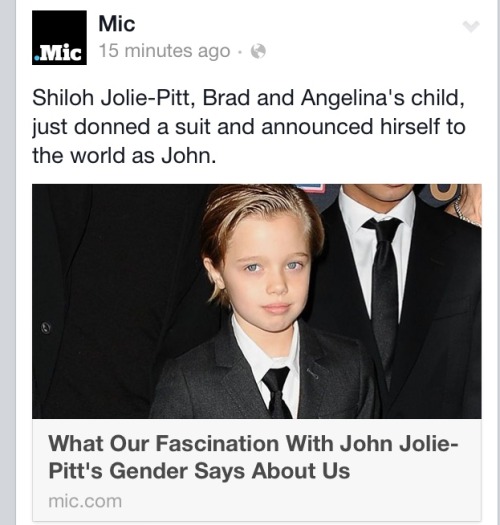 sunshinesongbird:


onewiththebun:

sunshinesongbird:

Congrats to john about feeling comfortable enough to tell everyone who he truly is.  Brad and angelina are amazing parents.

"hirself"

Hir is a gender neutral pronoun. So hirself is the equivalent of himself/herself.
