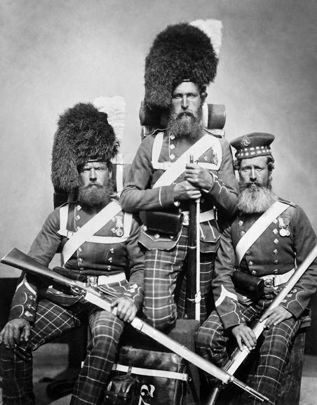 historysquee:

Men of the Crimean War 
This photograph shows three men of the 72 Highlanders who had served in Crimea. Their names are William Noble, Alexander Davison and John Harper.
