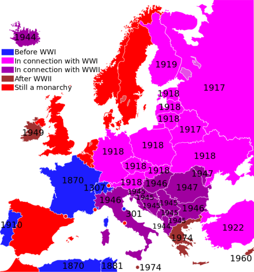 When monarchy was abolished in European countries.[[MORE]]ineverpickedcotton:Some monarchies are a little hard to pinpoint, such as the Yugoslavian, since the king was in exile and had no control of the country long before he was officially disposed. I’ve tried to use the nominal date in those cases.Switzerland and San Marino haven’t really been monarchies. There I’ve used the date when the republic was established, and they had mainly been preceded by monarchies.I have used modern state borders, which may pose some problems since the modern state might not have existed when the monarchy disappeared.