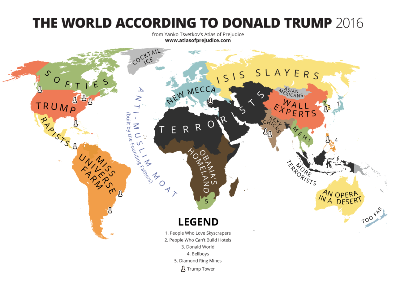 The World According to Donald Trump, from Yanko Tsvetkov’s Atlas of Prejudice: The Complete Stereotype Collection. The map is currently available exclusively in the ebook edition on iBooks (Version 1.2). Those of you who purchased Version 1.0 and 1.1 can update for free!
The current paperback Amazon edition is still available and contains 100 stereotype maps.