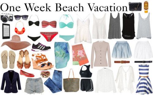 One Week Tropical Vacation Packing List by diamte featuring nike activewear
A quick packing list for those of you gearing up for a week in the sun (on a beach, cruise, wherever the sun shines) Camera, Kindle, 3 swimsuits, 1 sun hat, 1 pair of sunglasses, workout kit, 1 pair rubber sandals, 1 pair day sandals, 1 day evening sandals, 2 pareos (day- beach cover up, night-scarves), 1 pair bright flats, 1 neutral cardign, 1 blazer, 1 pair neutral shorts, 1 pair jeans, 1 canvas beach tote, 1 large button down white linen shirt, 2 skirts, 1 tunic, 2 belts, 1 day to night dress, 1 evening purse/clutch, sunscreen, 5 tank tops (1 evening), tropical jewelry
