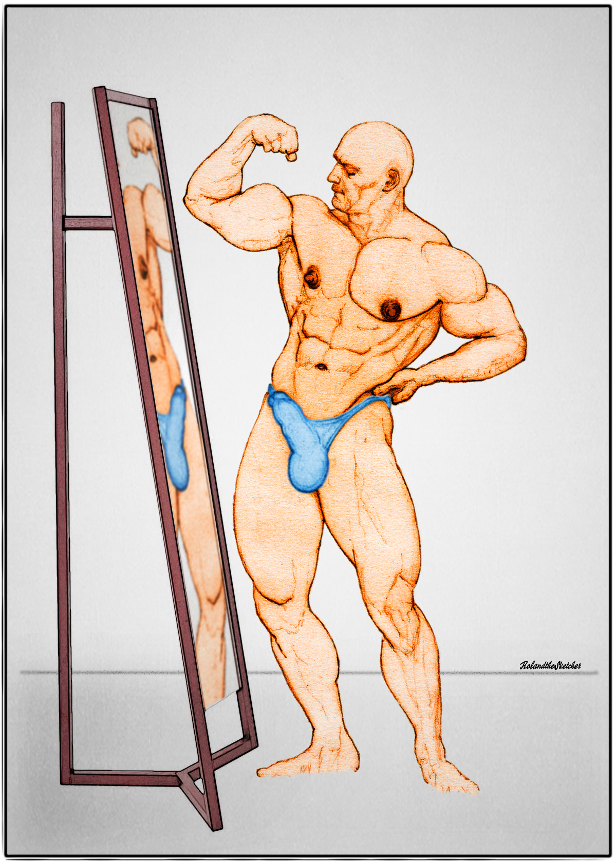 rolandthesketcher:

Bodybuilder trying on its new posing suit showing off a big bulge.
