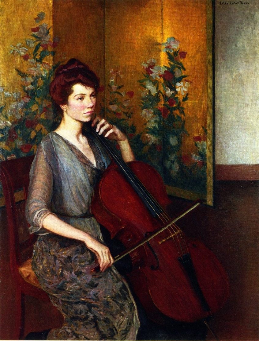 The Cellist. Lilla Cabot Perry (American, 1848-1933). Oil on canvas.
In 1889 that Perry first encountered Claude Monet’s work in Georges Petit’s gallery. Perry sought out the artist and became his close friend. For nine summers the Perrys rented a house at Giverny, near Monet’s, and although he never took pupils, he often advised Perry on her art.