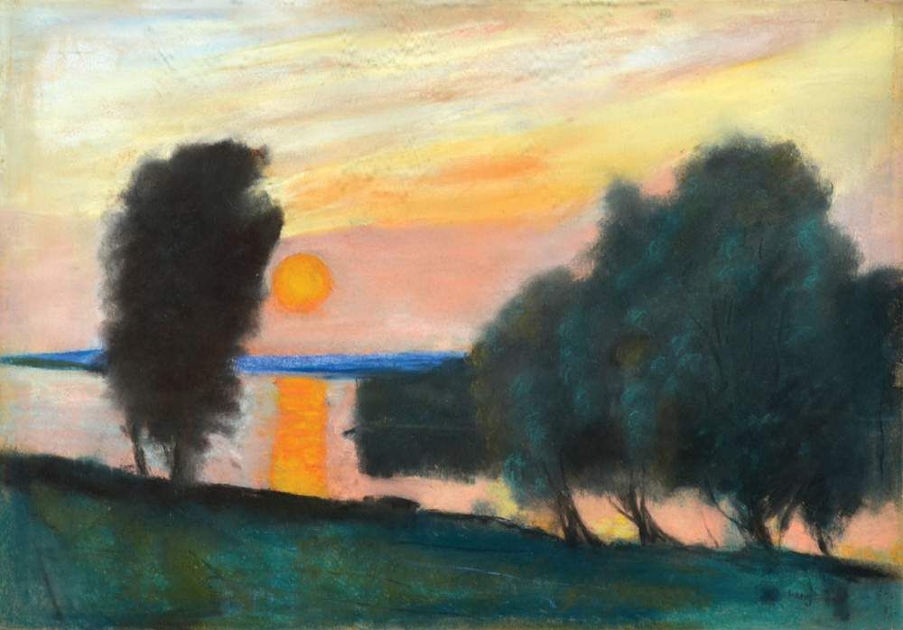 thunderstruck9:

Lesser Ury (German, 1861-1931), A Lake Landscape and Sunset. Pastel on cardboard, 35 x 50 cm.
