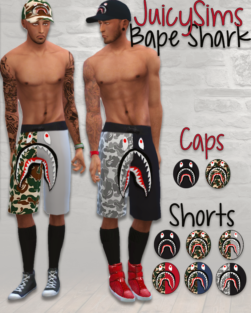 TS4 - Bape Shark Shorts &amp; CapsCaps: 2 Recolors (clips larger ears a little)Shorts : 6 RecolorsHomme OnlyTOUDon’t claim as your ownDon’t re-uploadTag “juicysims” if used so I can see :)ENJOY! | Download (Caps) | Download (Shorts)