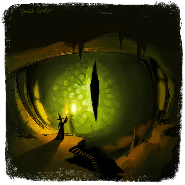 October 9 – EyeballThis is actually pulled from some worldbuilding a couple years ago of a world where the gods, whose forms are giant reptiles made of earth and rock, have fallen dormant and become part of the landscapes as mountain ranges and islands. An arduous journey through the caves will take one to the giant crystalline eye of the crocodile god, in which it is said one may see visions of the past and future.
