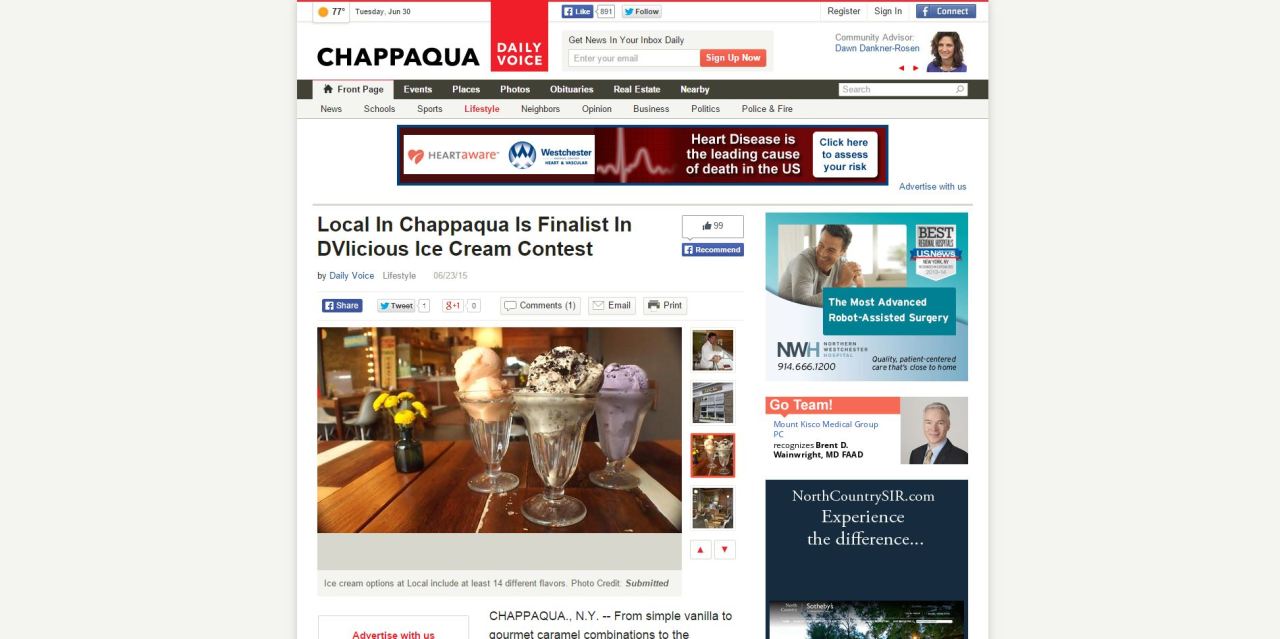 Very proud to have our work published in the recent issue of The Daily Voice. It’s an added honor to represent our wonderful friends at Chappaqua Local for their nomination as “Best Ice Cream in Westchester”. Nice job guys!Read the entire article here.