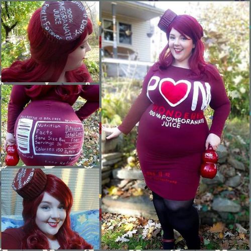 feetlips:

My #Halloween #costume 2015: @pomwonderful bottle! I’ve always joked about sharing the same body type as my favorite juice, so I decided it was time for the vision to come alive! 

All of the front lettering is felt that has been hand sewn to a dress (from ebay). Most of the nutritional facts on my bum are done with puffy paint. The cap hat is made from cardboard, phonebook paper, hot glue, and some netting.

My purse is a large Pom Wonderful bottle, dyed with alcohol ink, lined in cellophane with a ribbon strap and button closure. Wig is from Amazon! Shoes are thrifted. 

Please let me know if you have any questions, and Happy Halloween! 🎃👻🎃👻🎃👻🎃 
#costume #costumes #cosplay #diy #fatshion #effyourbeautystandards #me #costuming #curvy #chubbybunny

Should have wrote wide load on the behind, so big and sexy as hell!
