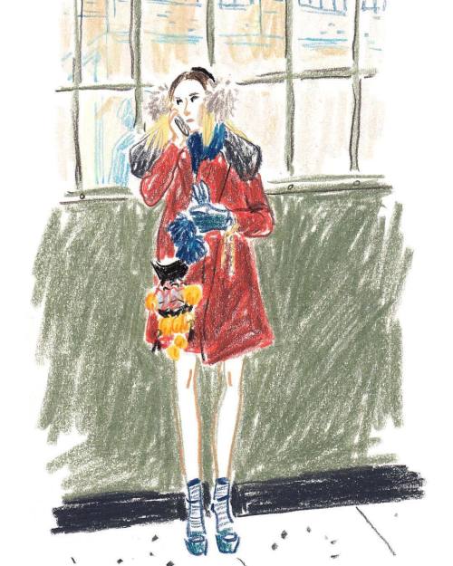 Daily #nyfw #snapsketch for @tmagazine  : The stylist and jewelry designer Marina Dobreva arriving at the @j_mendel show today.