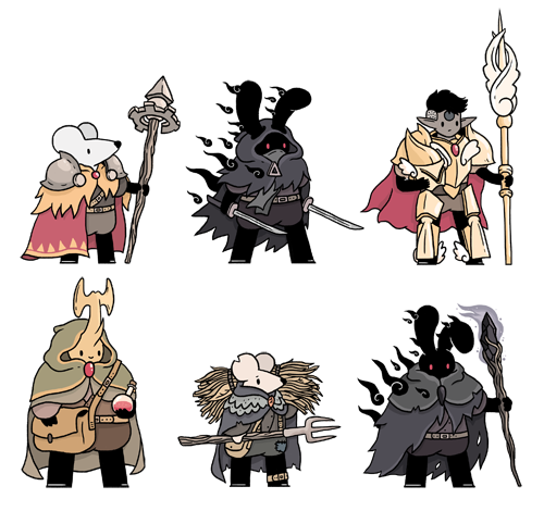The latest batch of fantasy pals. Top row from the left: a chrono mage, a shadow assassin and a valkyrie knight. bottom row from the left: a healer, a farmer and a shadowmancer. 