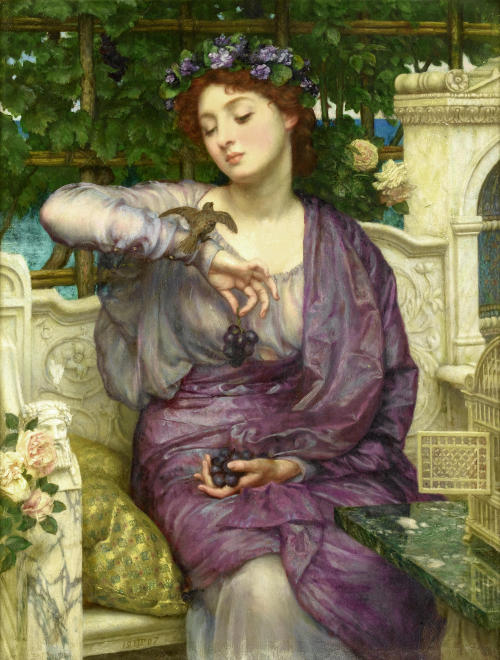 didoofcarthage:Lesbia and Her Sparrow by Sir Edward John Poynter 1907oil on canvasprivate collection 