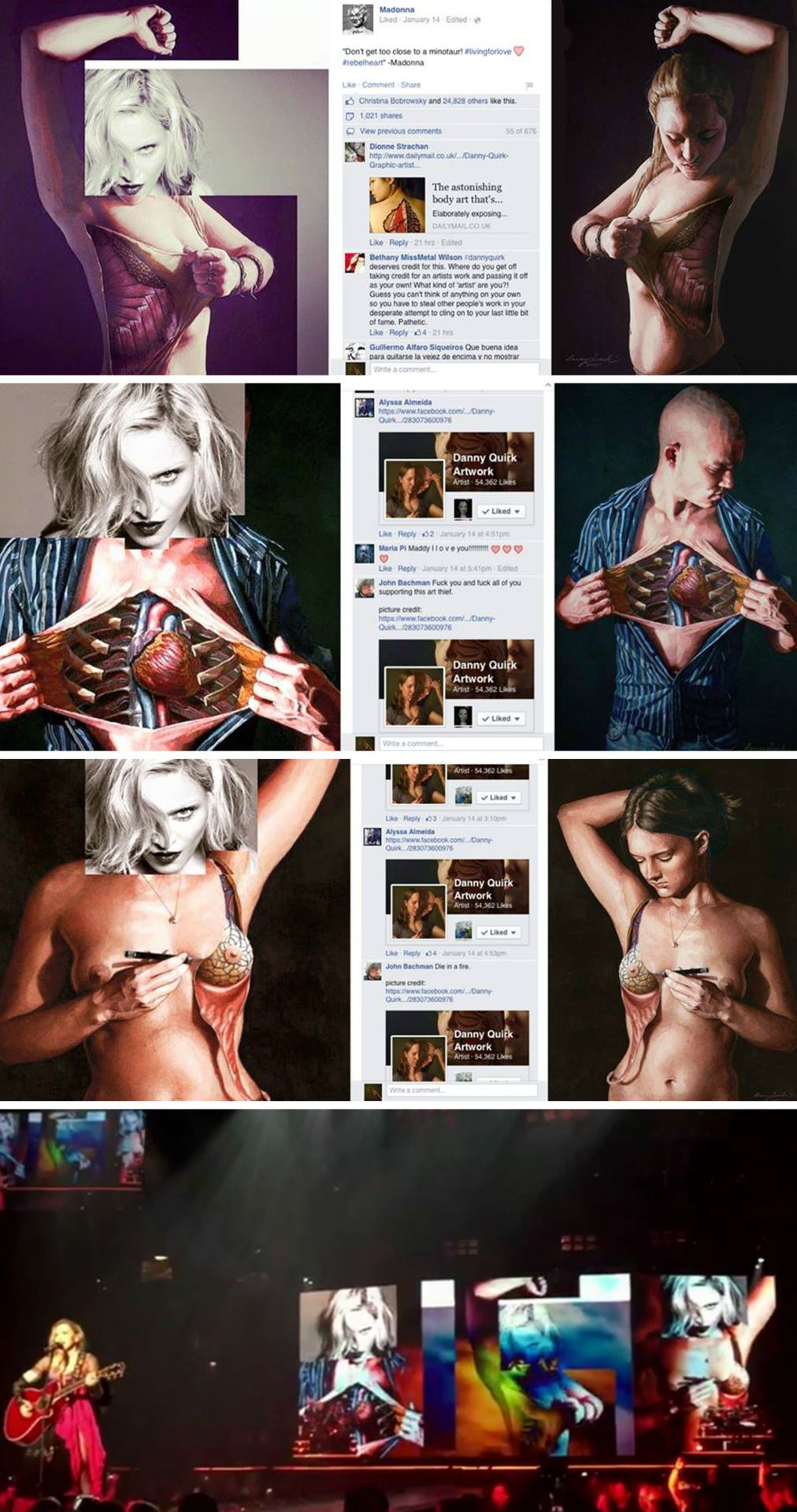 First and foremost &hellip; I just want to deliver an open, and honest “FU¢K YOU” to the “Fair Use Act”, and an ACTUAL &ldquo;what the FUK!?!?&rdquo; to those it protects. Almost a year ago to date (Jan 2015) I awoke to a barrage of  texts stating my work was popping up on Madonna’s FB, IG, and Twitter, with tens of thousands of shares ! ! ! At first, I thought &hellip; “WHOAH! / COOL!&ldquo; but shortly there after, it sunk in.  I contacted her agent Liz Rozenberg, and received no response! In the meantime, I found out digital collage ‘artist’ BessNYC4 was the one who sent the work to her, merging MY ART with her head, and reaping all the benefits.. Things petered out, and I more or less forgot about it; u n t i l &hellip; early Oct 2015. I found out (for all intents and purposes) MY ART was used in her concerts, despite my attempts at getting proper credit acknowledgment,  etc. I made a post / got a lawyer, and was hoping for justice. Lawyer said “PULL THE POST!” and it was determined “Fair Use Act” which protected THEM / HER and the articles covering the story made ME out to be the bad guy. What the fuk? HOW? Anyone with eyes can see they did &hellip; anyhow, this is a rant how WE ARTISTS are taken advantage of, as you can see in THREE of my pieces &hellip; . #dannyquirkartwork #madonna #fairuseact #bullshit