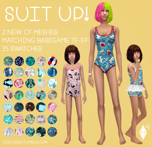 DOWNLOAD: CF ONE PIECE | CF ONE PIECE w/RUFFLES | AF RECOLORS | ALL OF IT I’m sure someone has done it before and probably easier than the method I did but, I joined a tank top and some briefs and made a one piece for kids. I also put a little ruffle on it. The waist ruffle does have some clipping in some positions, especially with the chubbiest kids but, that doesn’t really bother me. I did include a plain white swatch so you could recolor these as you please. Just do not include my mesh or claim it as your own. They aren’t perfect but, I work pretty hard on them. The Adult one-piece is from the base game. All the hair in this picture is from my last post. :D