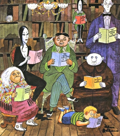 Monstruosamente lectores (ilustración de Charles Addams)