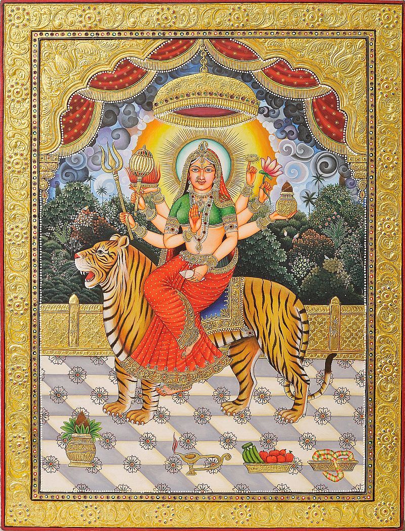 hinducosmos:  Goddess Durga Tanjore Painting on Board Traditional Colors with 24 Karat Gold  (via Exotic India)