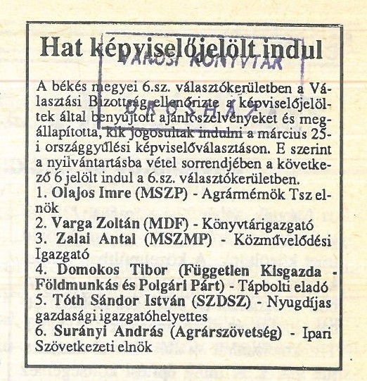 Országgyűlési képviselőjelöltek 1990.Orosházi Napló, 1990. március 8.