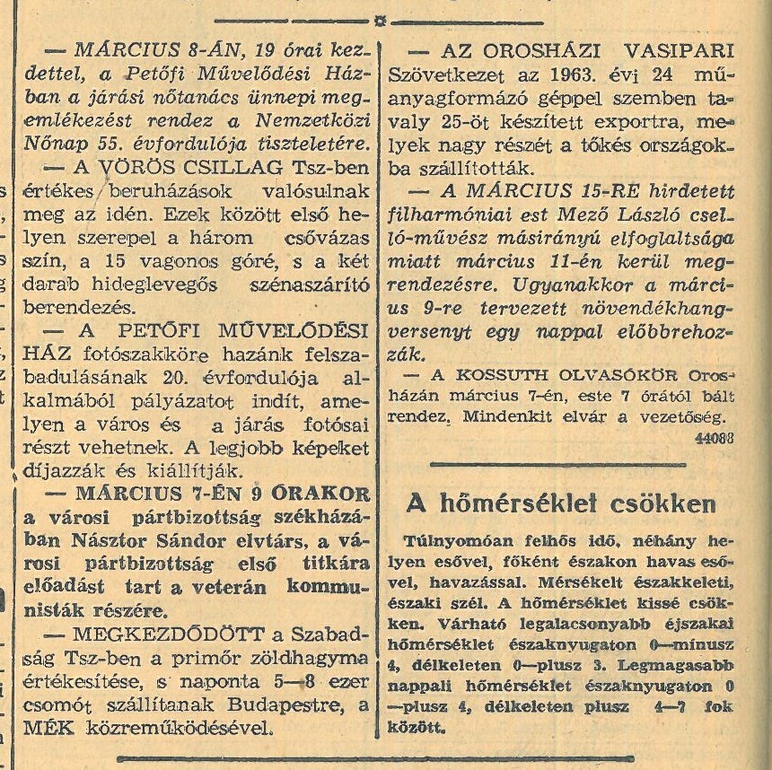 Hírek.Orosházi Hírlap, 1965. március 7.