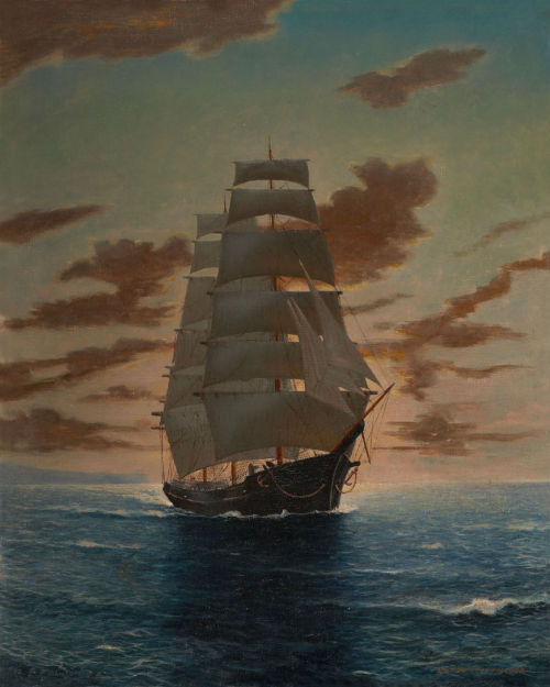 art-and-things-of-beauty:

Anton Otto Fischer (1882 - 1962) - Sailing ship at sunset.