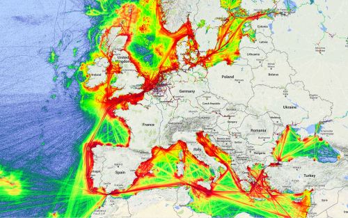 Maritime traffic density in Europe, 2014.