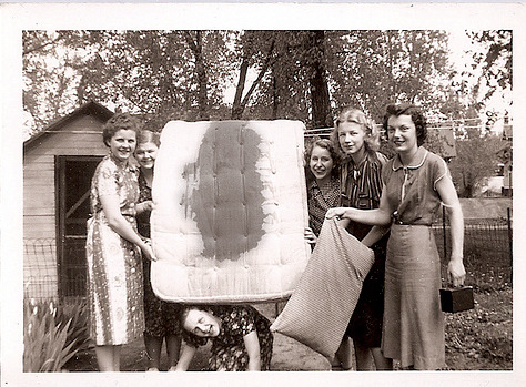 The Militant Order of the Feminine, a.k.a. The Satin Nooses
The Militant Order of the Feminine is a collegiate secret society of women originally formed at Washington University in St. Louis, but now operating on most collegiate campuses. This group was created in 1950 after the brutal beating and subsequent murder of honorary member Annie Trenton.
Not much is known about the six founding members, except that they were close friends of Trenton’s. When they came together to mourn her death, they made a pact with one another. They would silently look out for other women at the university as best they could, protecting the abused or those at risk of abuse.
If a woman was injured as a result of abuse, The Militant Order of the Feminine became the wolves in sheep’s clothing that the abusers never expected. 
The Order stalked, drugged, and kidnapped the abuser. In addition to this, they would steal his mattress and pillow. When said abuser came to, he would find himself hanging upside down, his ankles shackled to the wall. 
Once awake, an interrogation took place.
The members of The Order would don masks of silk and take turns interrogating the man about his full life history, his victim watching from behind a 2-way mirror. At the end of the interrogation, the members of The Order would consult with the victim behind the glass.
The victim would determine whether Trial by Physics should commence.
If the victim declined this, the abuser would be driven deep into the woods and set free to find his own way back to civilization. Many abusers were never found or heard from again. This lead to rumors that The Order held hunting parties without the victim&#8217;s knowledge.
If the victim decided that Trial by Physics should commence, the Queen of the Order would tie a satin noose around the offending man’s penis and testicles. The shackles would be unlocked and the man would find himself hanging by his genitals, all of his weight constricting the noose in less than a second.
This typically resulted in a severed penis and testicles. The man would then bleed out on his own mattress which was positioned below him. The genitals were deposited in a wooden carrying box that would later be placed on the man’s bloody mattress and pillow. The Order made sure to leave this grisly calling card in a public place so that everyone would know that abuse was not tolerated.
This ritual is where The Order’s nickname, The Satin Nooses, came from.
The six founding members are seen in the picture above after the very first Trial by Physics.