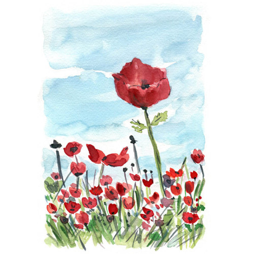 watercolorsforlandlubbers:

The Poppies field No.4, Print of original watercolor painting, colorful landscape, mothers day, limited edition, landscape painting
