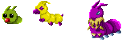 Another set of sprited Digimon, this time it's my own creation based on silk worms and moths: Silkmon (right), Bryxmon(middle), and Larvmon(left).