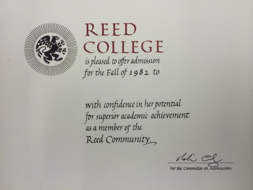 Il biglietto di benvenuto composto da Robert Palladino che ogni studente ammesso al Reed College riceveva al momento dell'ammissione. 
