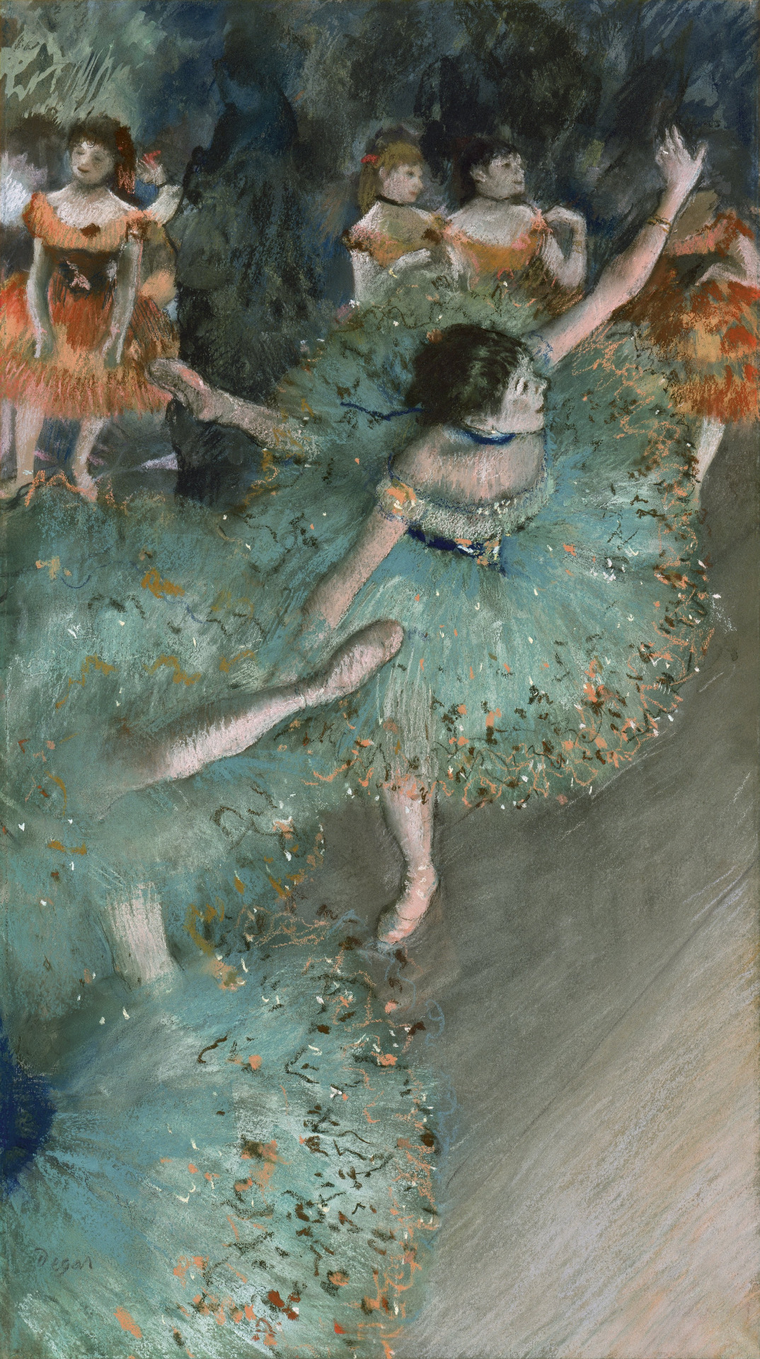 books0977:

Swaying Dancer (Dancer in Green) [1877-79]. Edgar Degas (French, 1834-1917). Pastel and gouache on paper. Museo Thyssen-Bornemisza.
The group of dancers is depicted in mid-performance, as viewed from an upper side box. Only one of the girls in green is shown full-length, captured as she executes a swift, complicated turn. Degas felt that the unfinished, transitory nature of reality could only be conveyed using a fragmented technique. Here, the fleeting nature of the movements is captured with rapid pastel strokes, applied with skill.
