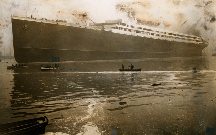 The Britannic, a massive British steamer and sister ship to the Titanic, launches from Belfast Harbor in 1914. The Britannic sank two years later after encountering a German mine field in the Meditteranean sea.No Credit Given