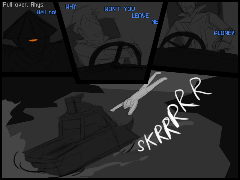 The Stranger tells Rhys to pull over. In a panic, Rhys spins the truck in an attempt to throw him off.