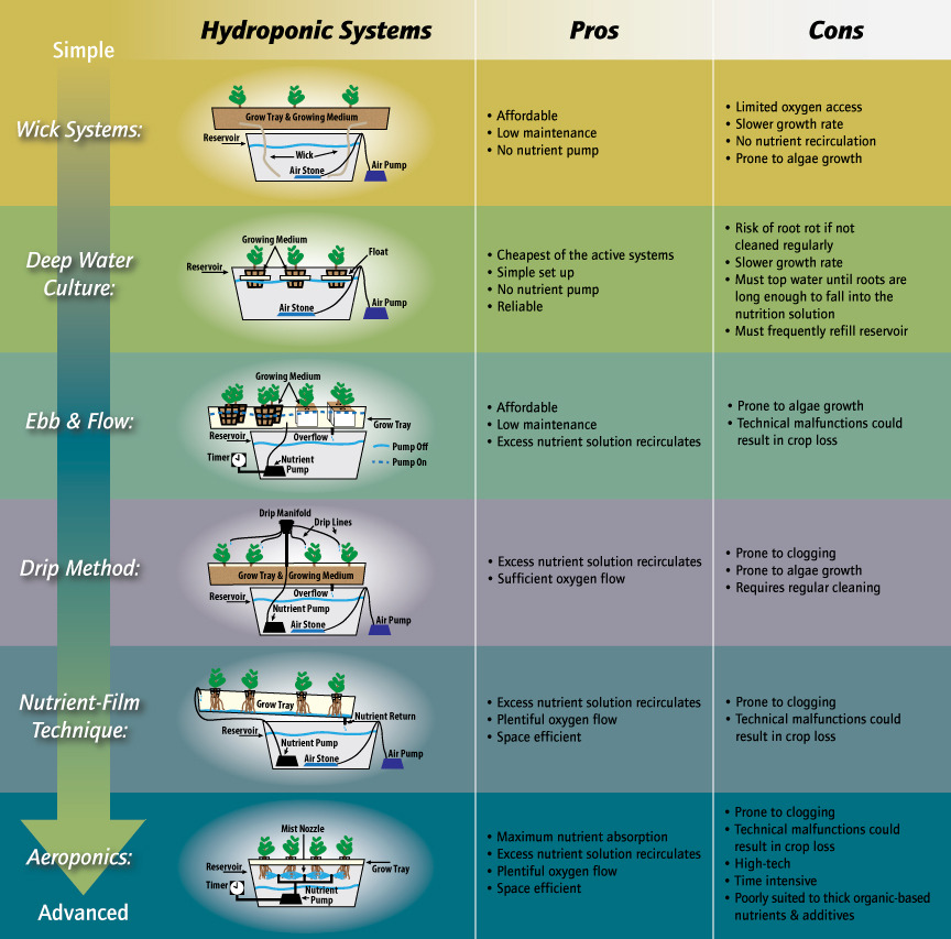 Simple graphic on the pros and cons of various hydroponic systems.