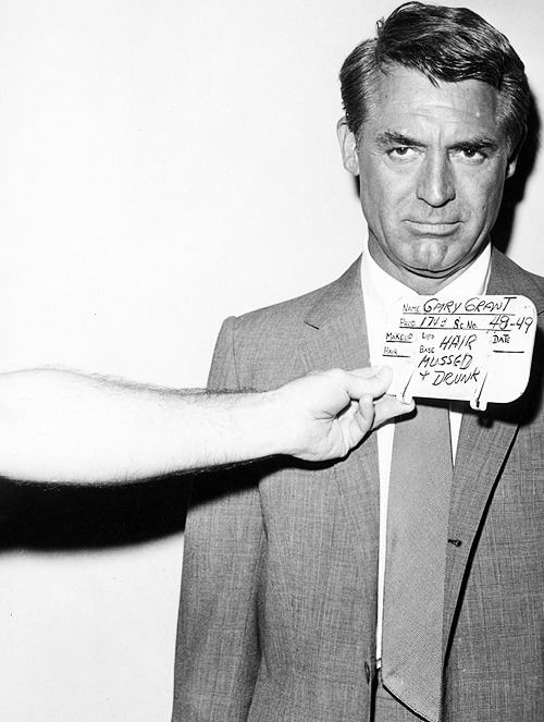 Hair and make-up test for Cary Grant in &ldquo;North by Northwest&rdquo; . The card reads: &ldquo;Hair Mussed and Drunk&rdquo;. via reddit