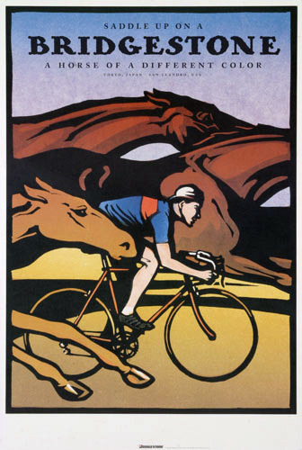 cadenced:

Saddle up on a Bridgestone: A horse of a different color
Bridgestone USA’s first poster produced in 1993. The poster was created by English artist Christopher Wormell. To create the poster, Wormell carved images into blocks of linoleum, cutting a different block for each color, then printed the image by hand directly onto paper. This particular image was made from seven linoleum blocks, each carefully printed over the next. 
Found in the Horton Collection.
