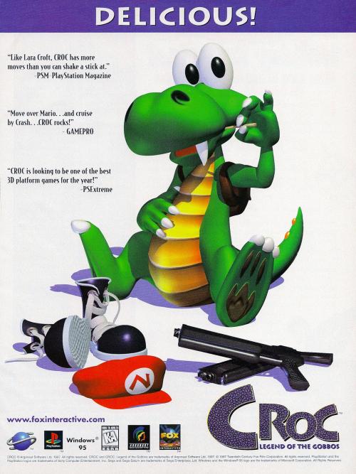 “Croc: Legend of the Gobbos - ‘Competition’”GamePro, November 1997 (#100)Scanned by Phillyman, via RetroMagsHuh. Guess crocodiles aren&rsquo;t phased by silicone ingestion&hellip; but don’t quote me on that.