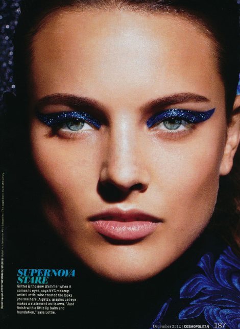 Beauty editorial in Cosmopolitan magazine, December 2012 with makeup by Lottie.