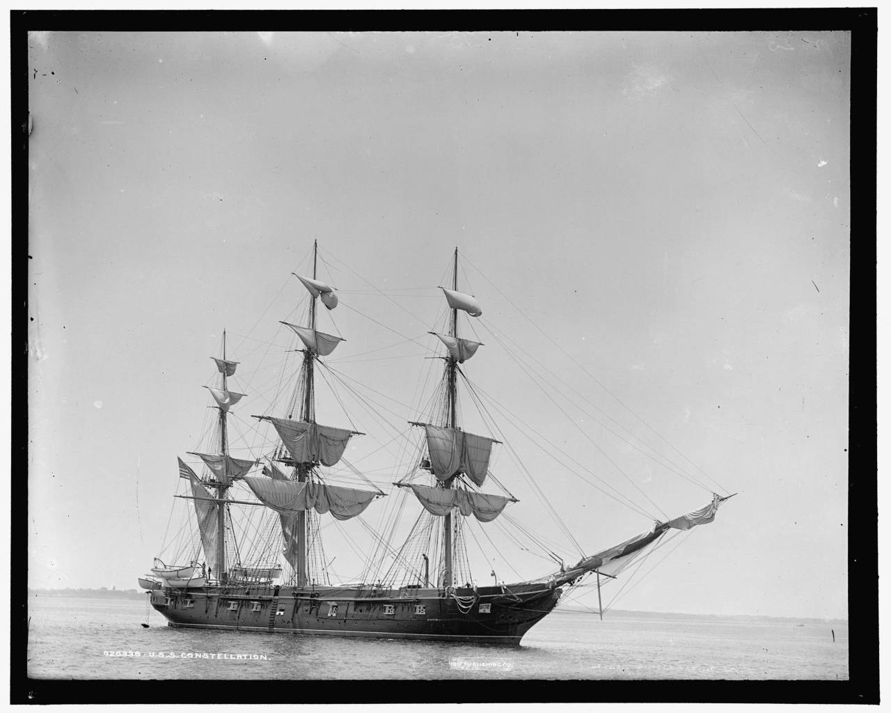 anchors-aweigh-navy:Sloop of war USS Constellation at anchor in 1890. She is now preserved as a museum ship in Philadelphia. 