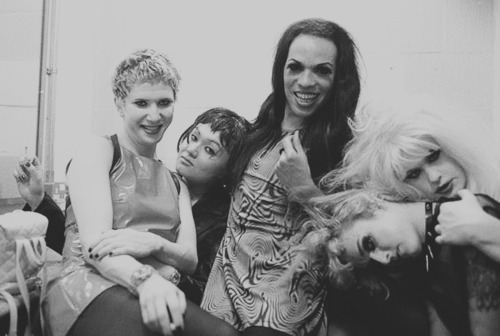 Backstage pre-show at the ICA, London, October 1998. Photo by Ruth Bayer. L-R Mona, me, Jasmine, Luis, Holly